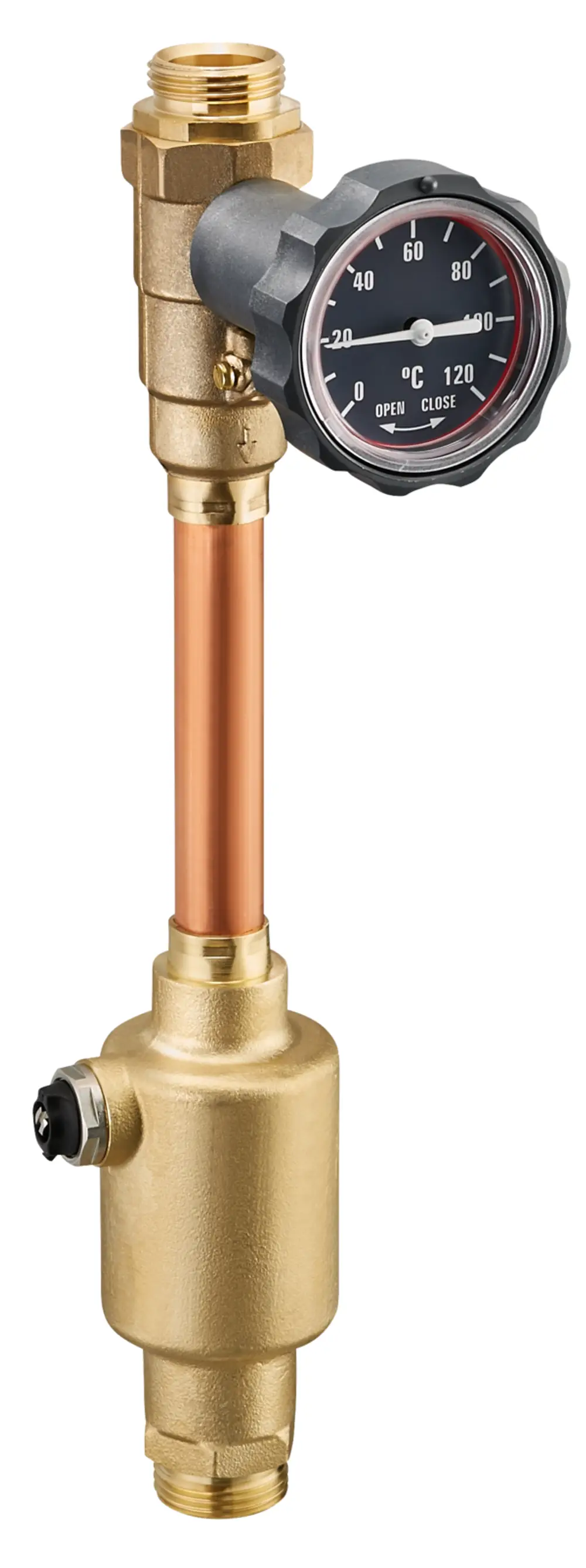Oventrop Entlüfterstrang mit integrierter Temperaturanzeige und Anschlussgewinde, kombiniert mit einer Kupferleitung und einem aus Messing gefertigten Gehäuse.